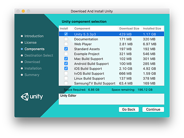 インストールするUnityコンポーネントを選択