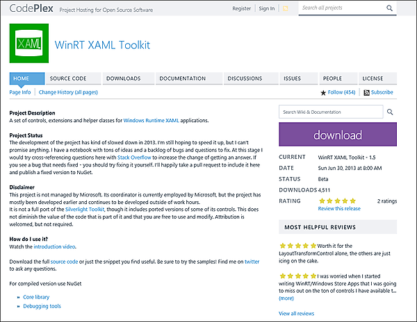 図5　WinRT XAML ToolkitのHOMEページ