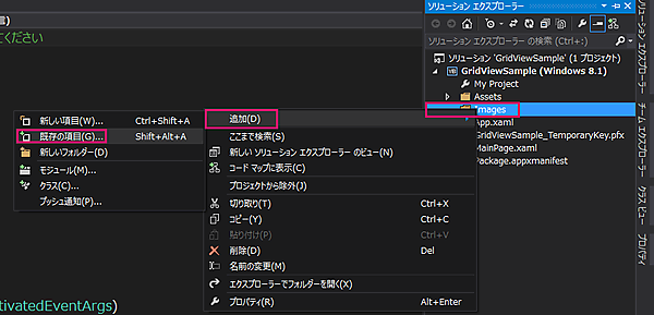 Imagesフォルダーに［既存の項目］を追加する手順