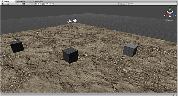 3つの標的（Cube1～Cube3）にテクスチャを適用した