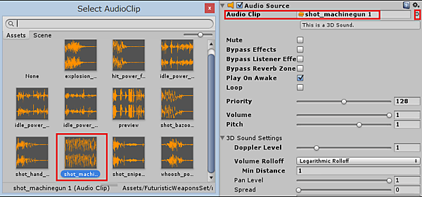 「Select AudioClip」から「shot_machinegun 1」を選択